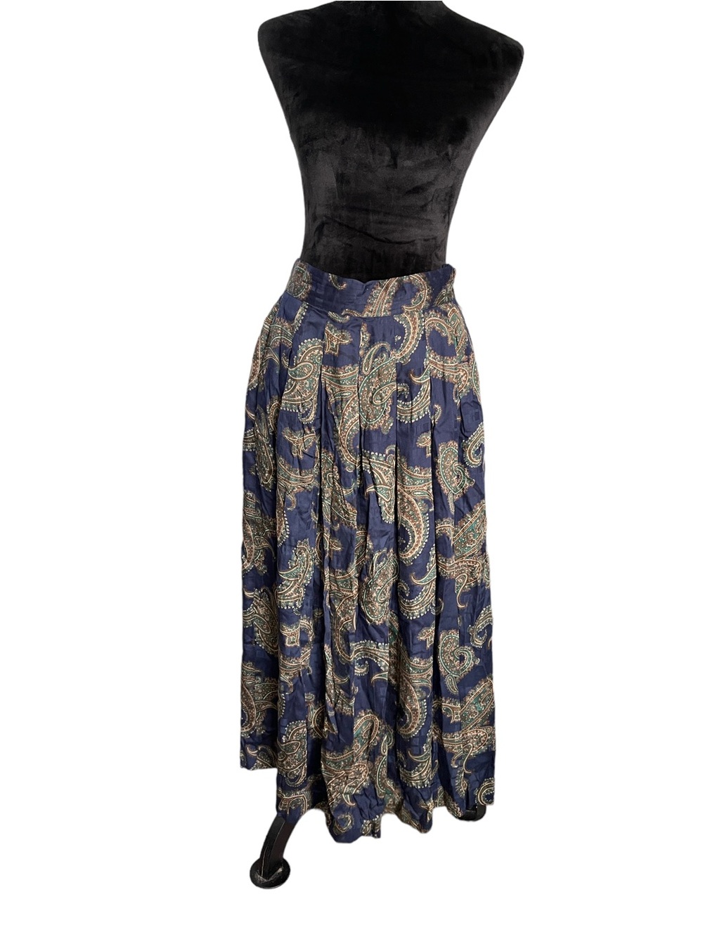 Vintage Herman Geist Navy Paisley Maxi Skirt with Subtle Green Accents